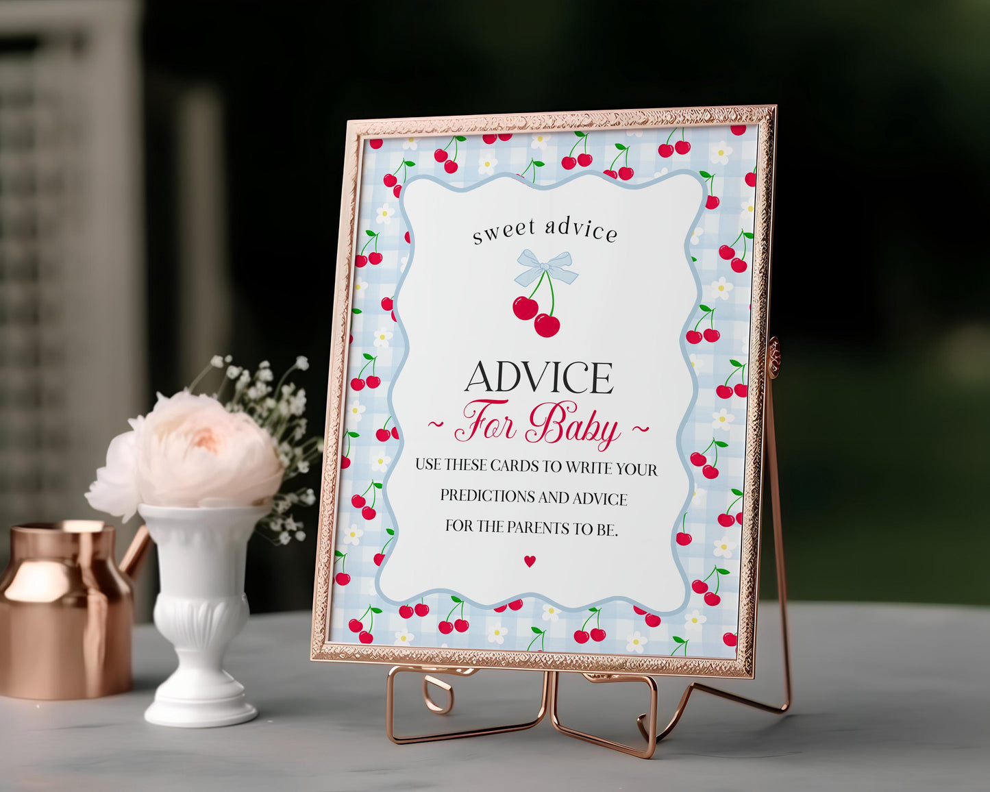 Blue Cherry Gingham Advice for Baby Cards Template, Coquette Sweet Cherry on Top Baby Sprinkle, Pastel Gingham Nesting Party Decor WP1072