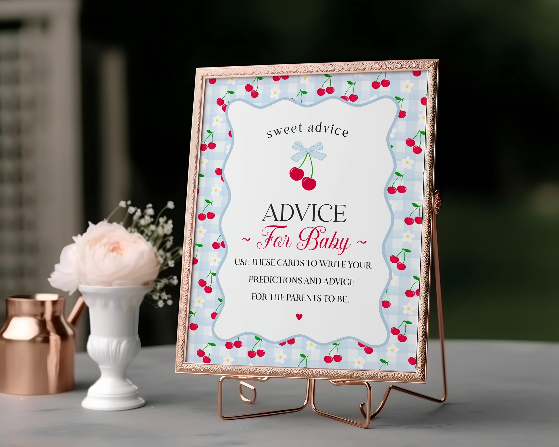 Blue Cherry Gingham Advice for Baby Cards Template, Coquette Sweet Cherry on Top Baby Sprinkle, Pastel Gingham Nesting Party Decor WP1072