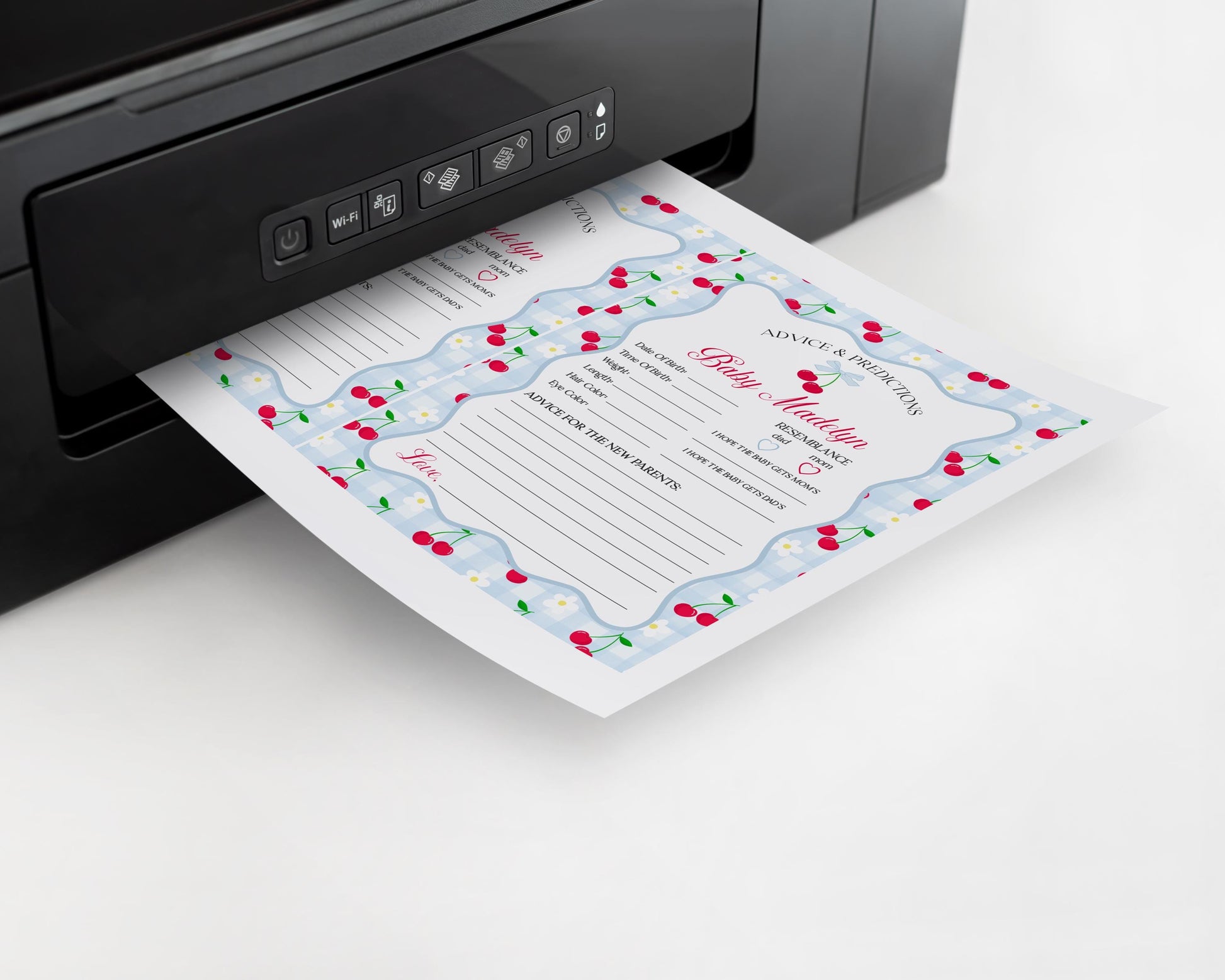 Blue Cherry Gingham Advice for Baby Cards Template, Coquette Sweet Cherry on Top Baby Sprinkle, Pastel Gingham Nesting Party Decor WP1072