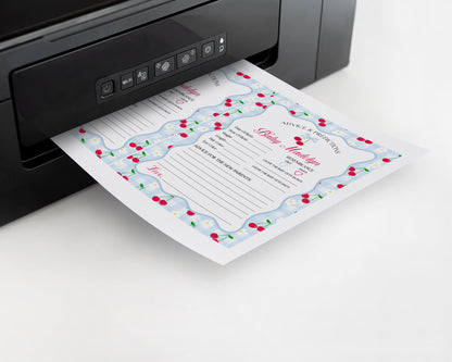 Blue Cherry Gingham Advice for Baby Cards Template, Coquette Sweet Cherry on Top Baby Sprinkle, Pastel Gingham Nesting Party Decor WP1072