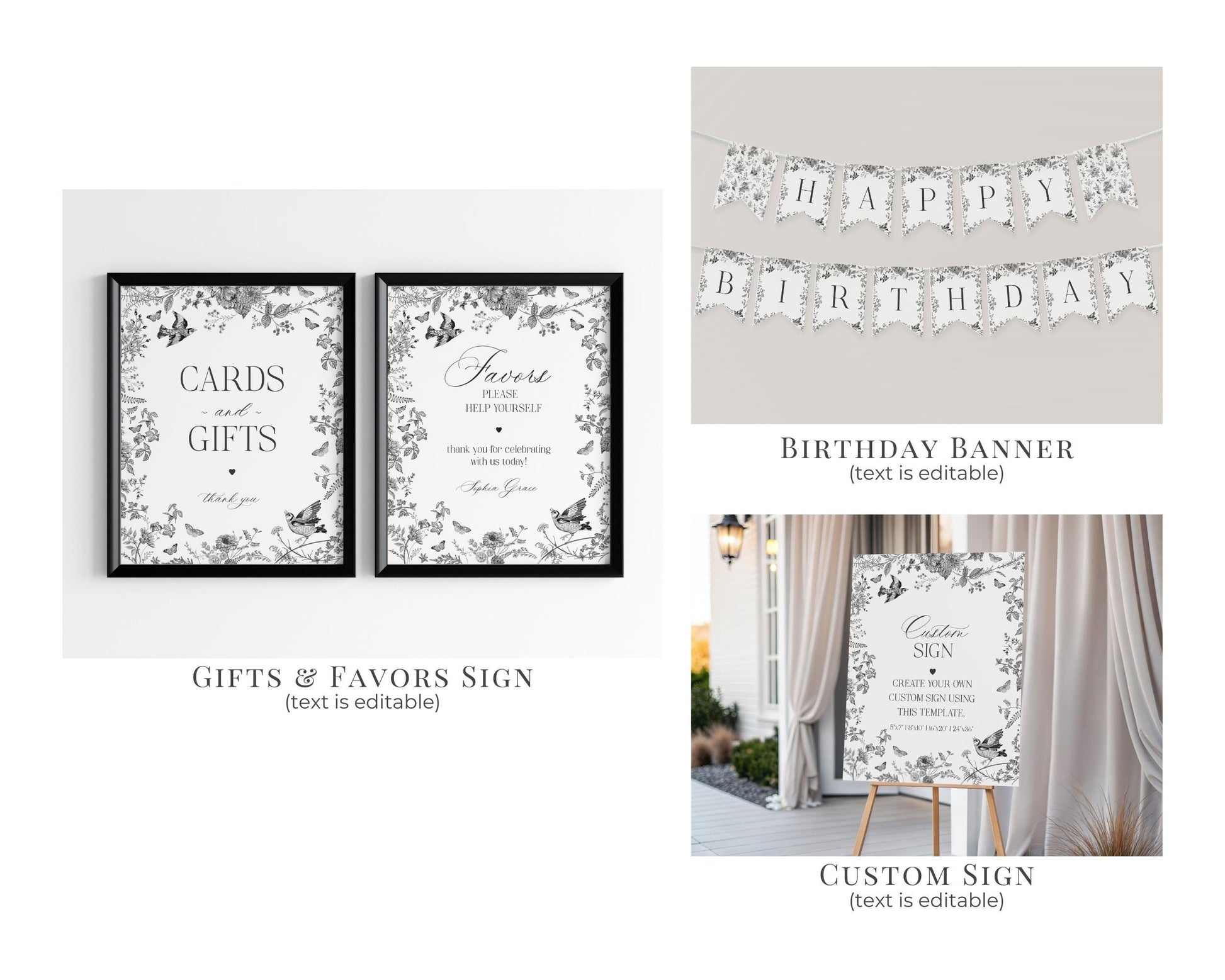 Black Toile De Jouy First Birthday Bundle Printable Template, Black Chinoiserie First Birthday Party Decor, Wildflower Toile Decor WP1069