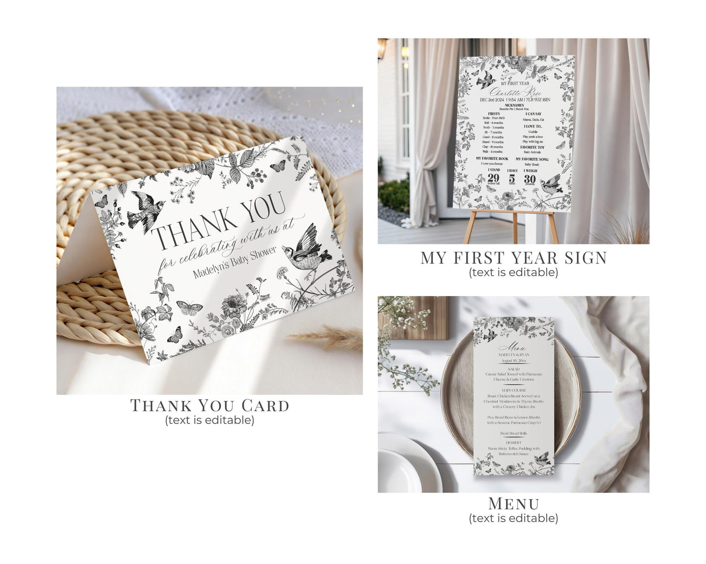 Black Toile De Jouy First Birthday Bundle Printable Template, Black Chinoiserie First Birthday Party Decor, Wildflower Toile Decor WP1069