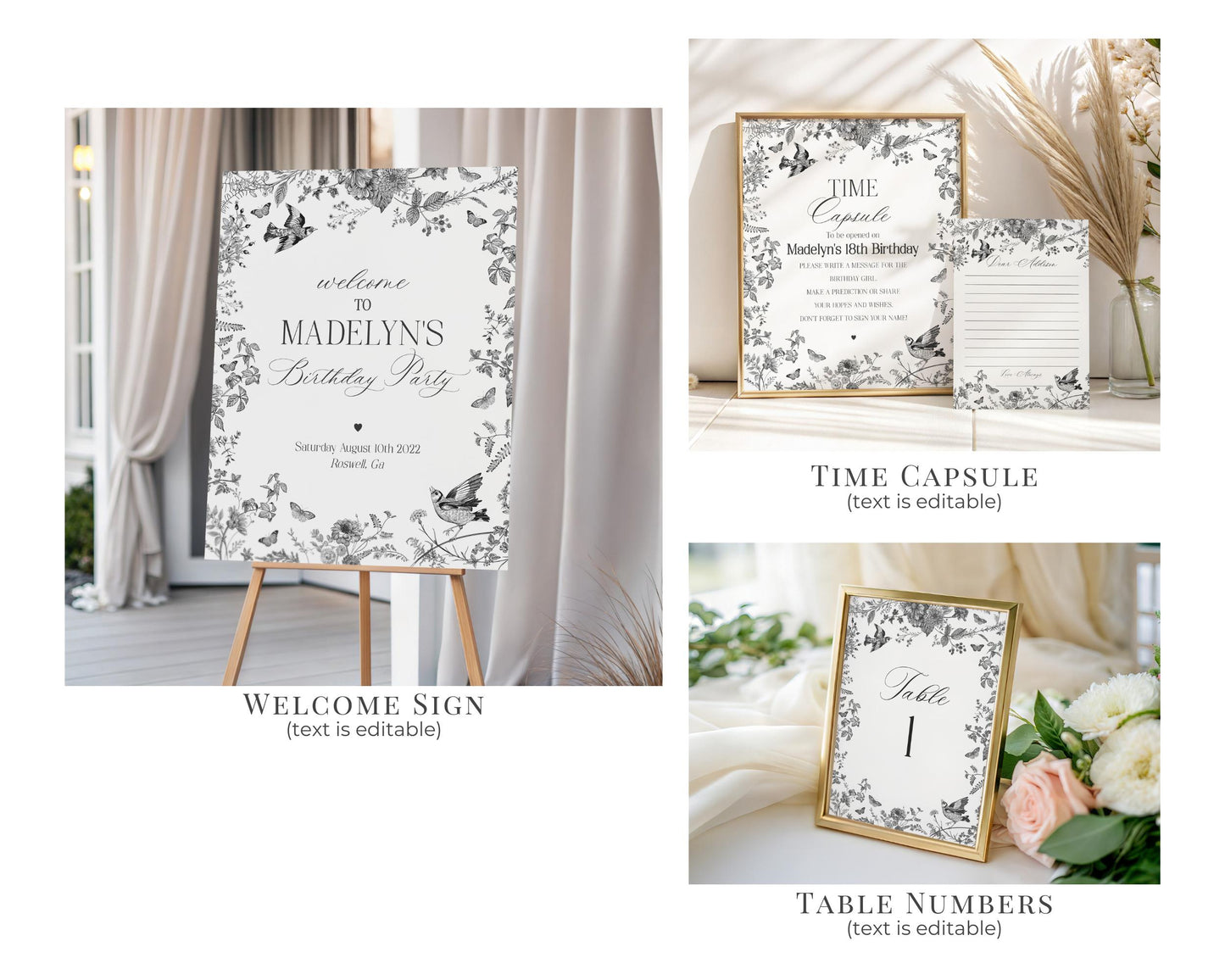 Black Toile De Jouy First Birthday Bundle Printable Template, Black Chinoiserie First Birthday Party Decor, Wildflower Toile Decor WP1069