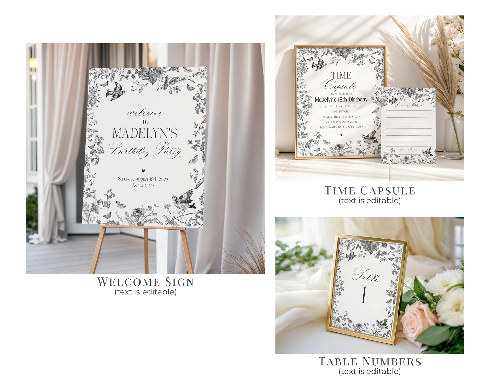 Black Toile De Jouy First Birthday Bundle Printable Template, Black Chinoiserie First Birthday Party Decor, Wildflower Toile Decor WP1069