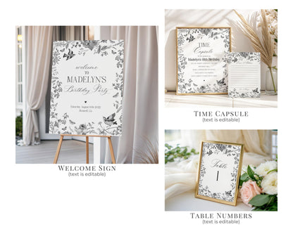 Black Toile De Jouy First Birthday Bundle Printable Template, Black Chinoiserie First Birthday Party Decor, Wildflower Toile Decor WP1069