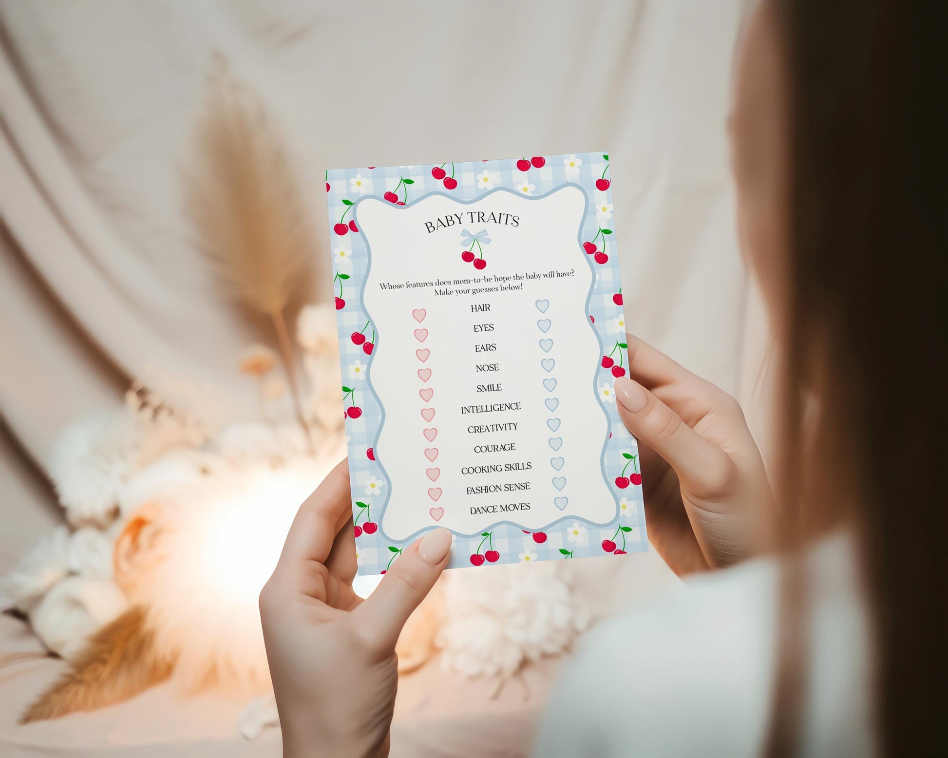 Blue Cherry Gingham Baby Shower Games Template, Coquette Sweet Cherry on Top Baby Sprinkle, Pastel Gingham Nesting Party Decor WP1072