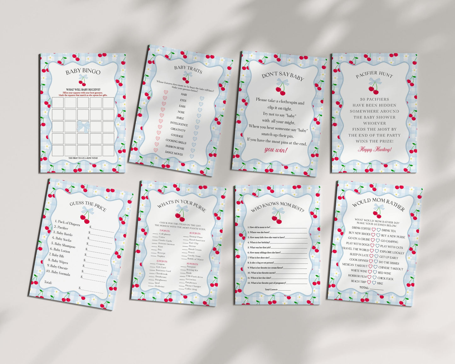 Blue Cherry Gingham Baby Shower Games Template, Coquette Sweet Cherry on Top Baby Sprinkle, Pastel Gingham Nesting Party Decor WP1072