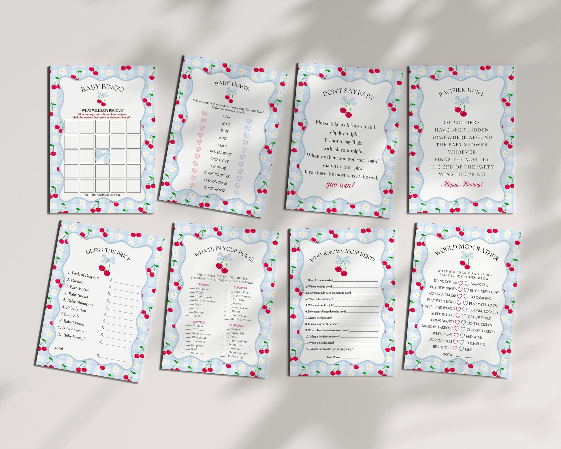 Blue Cherry Gingham Baby Shower Games Template, Coquette Sweet Cherry on Top Baby Sprinkle, Pastel Gingham Nesting Party Decor WP1072