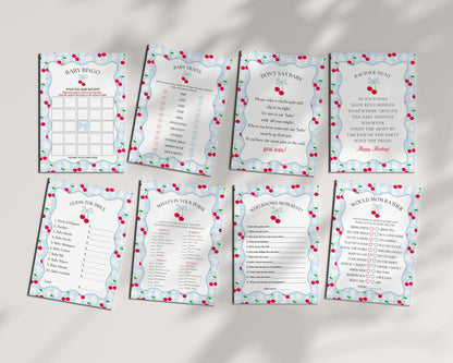 Blue Cherry Gingham Baby Shower Games Template, Coquette Sweet Cherry on Top Baby Sprinkle, Pastel Gingham Nesting Party Decor WP1072