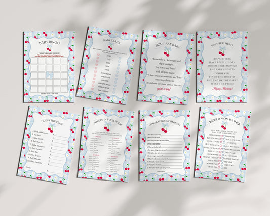 Blue Cherry Gingham Baby Shower Games Template, Coquette Sweet Cherry on Top Baby Sprinkle, Pastel Gingham Nesting Party Decor WP1072