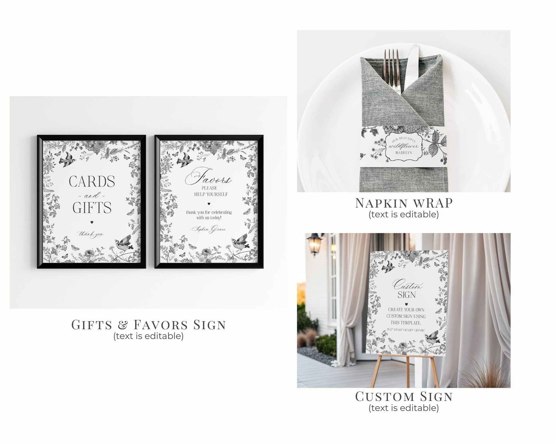 Black Toile De Jouy Birthday Bundle Printable Template, Black Chinoiserie Birthday Party Decor, Wildflower Toile with Butterflies WP1069