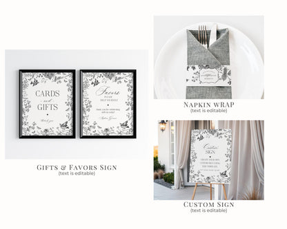 Black Toile De Jouy Birthday Bundle Printable Template, Black Chinoiserie Birthday Party Decor, Wildflower Toile with Butterflies WP1069