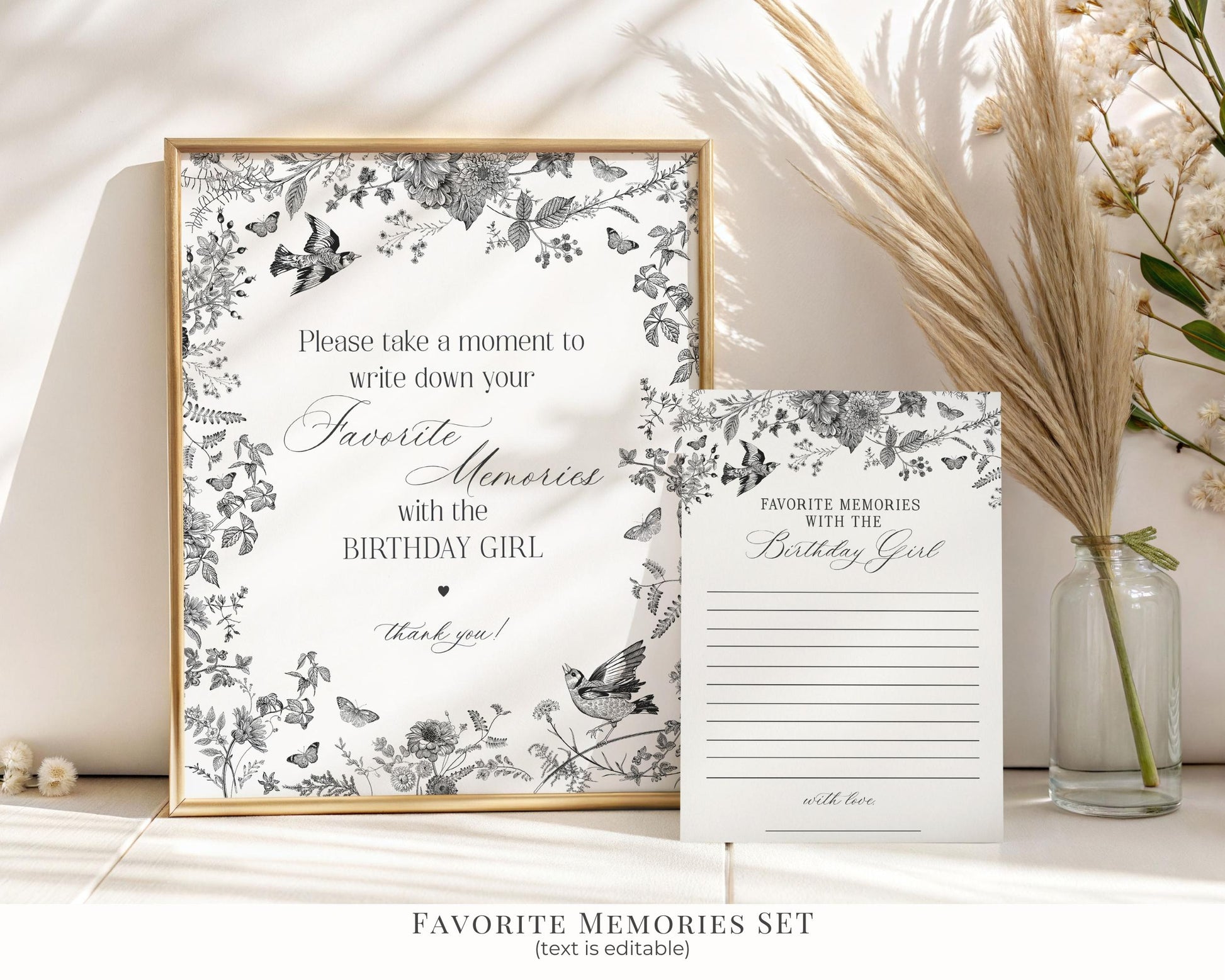 Black Toile De Jouy Birthday Bundle Printable Template, Black Chinoiserie Birthday Party Decor, Wildflower Toile with Butterflies WP1069