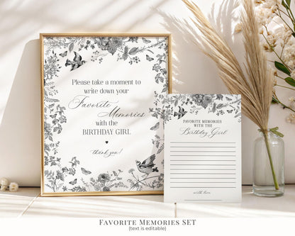 Black Toile De Jouy Birthday Bundle Printable Template, Black Chinoiserie Birthday Party Decor, Wildflower Toile with Butterflies WP1069