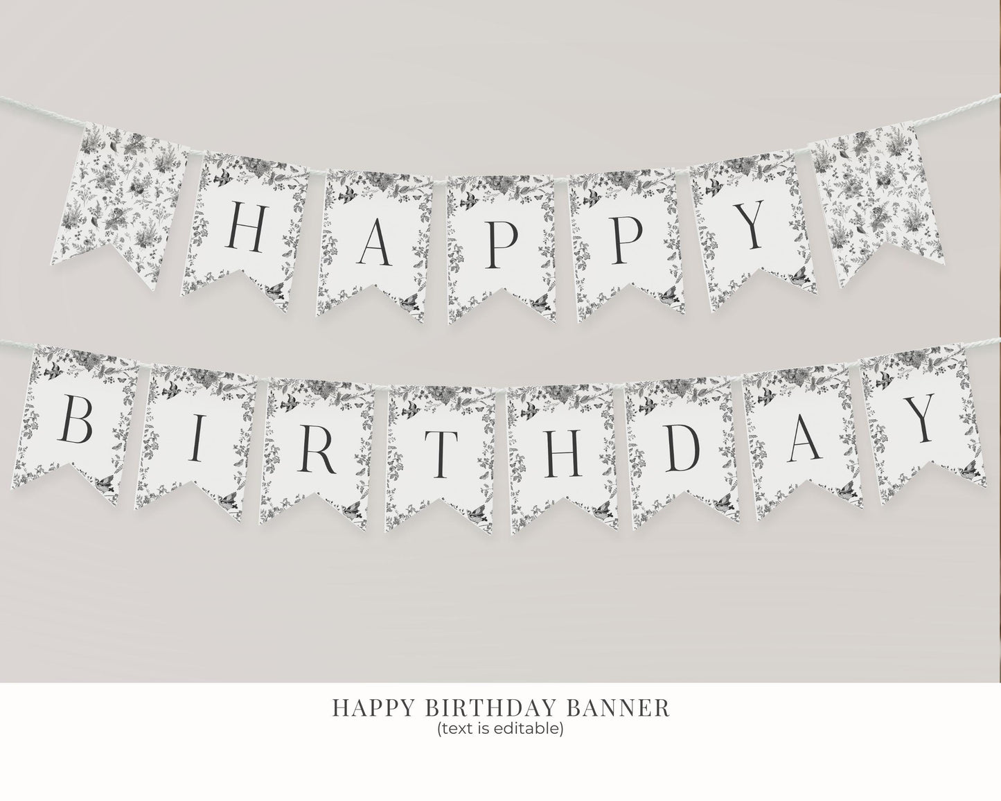 Black Toile De Jouy Birthday Bundle Printable Template, Black Chinoiserie Birthday Party Decor, Wildflower Toile with Butterflies WP1069