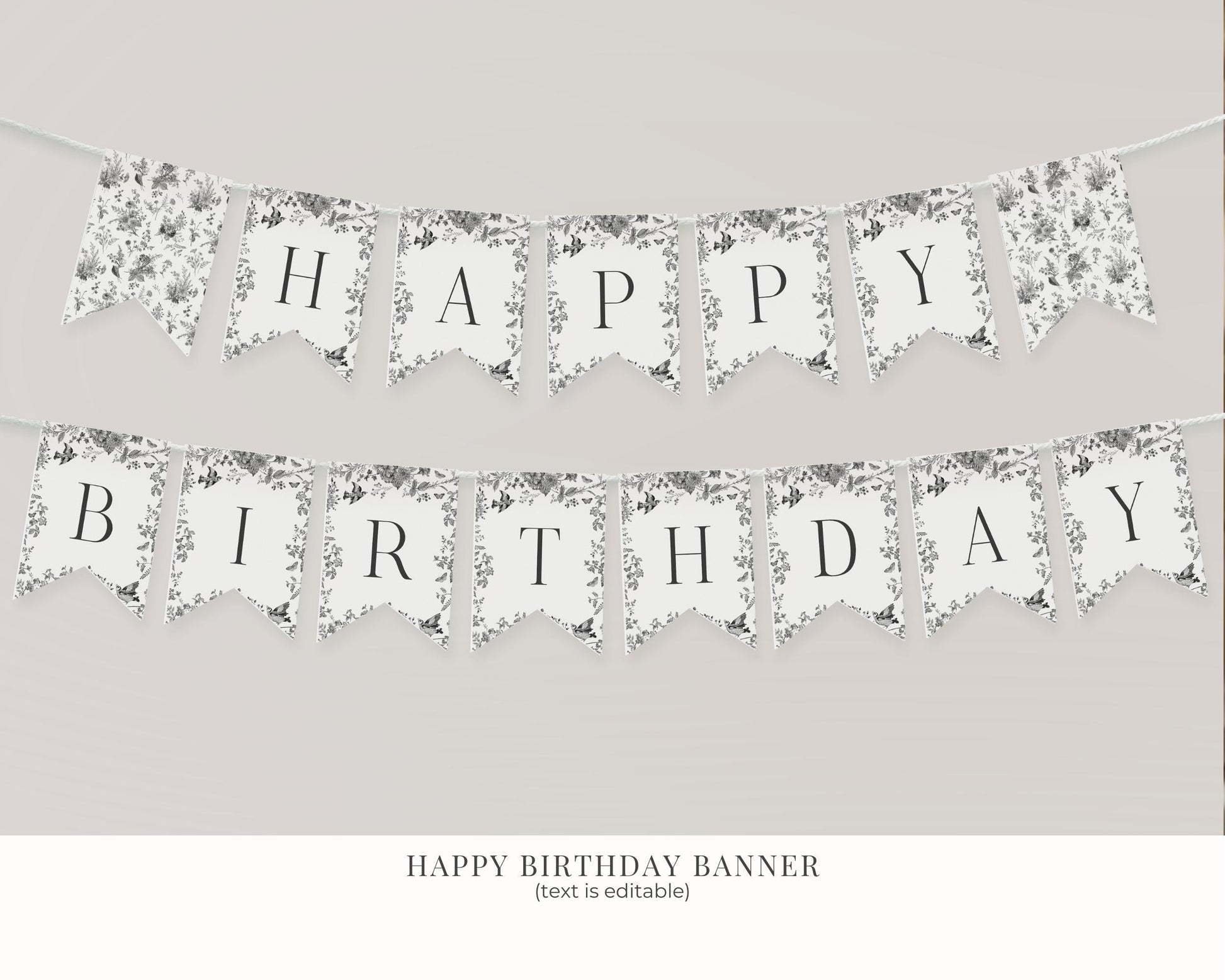 Black Toile De Jouy Birthday Bundle Printable Template, Black Chinoiserie Birthday Party Decor, Wildflower Toile with Butterflies WP1069