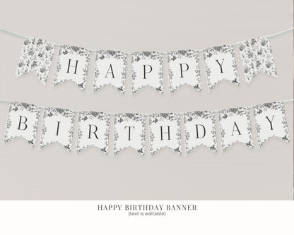 Black Toile De Jouy Birthday Bundle Printable Template, Black Chinoiserie Birthday Party Decor, Wildflower Toile with Butterflies WP1069