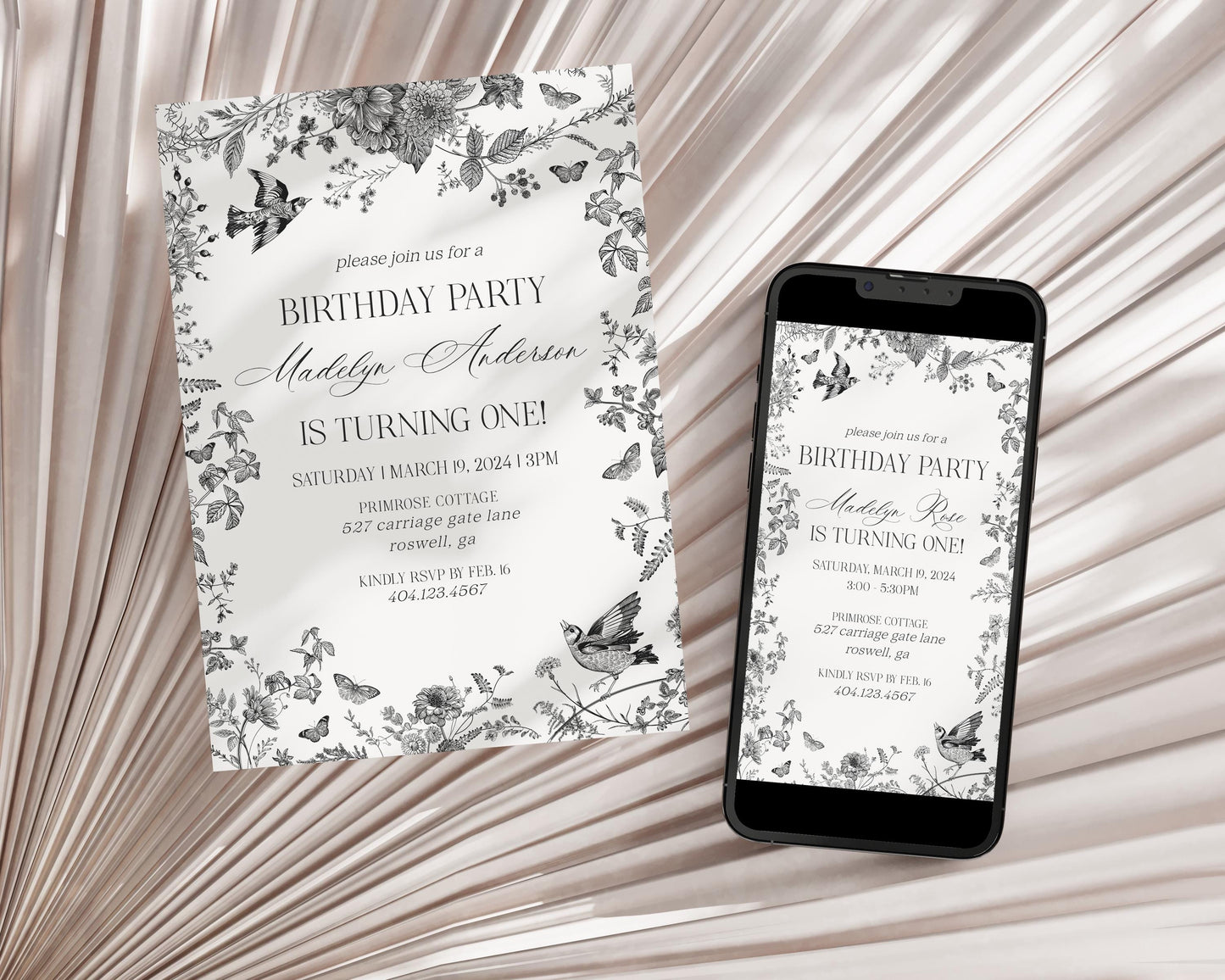 Black Toile De Jouy Birthday Bundle Printable Template, Black Chinoiserie Birthday Party Decor, Wildflower Toile with Butterflies WP1069