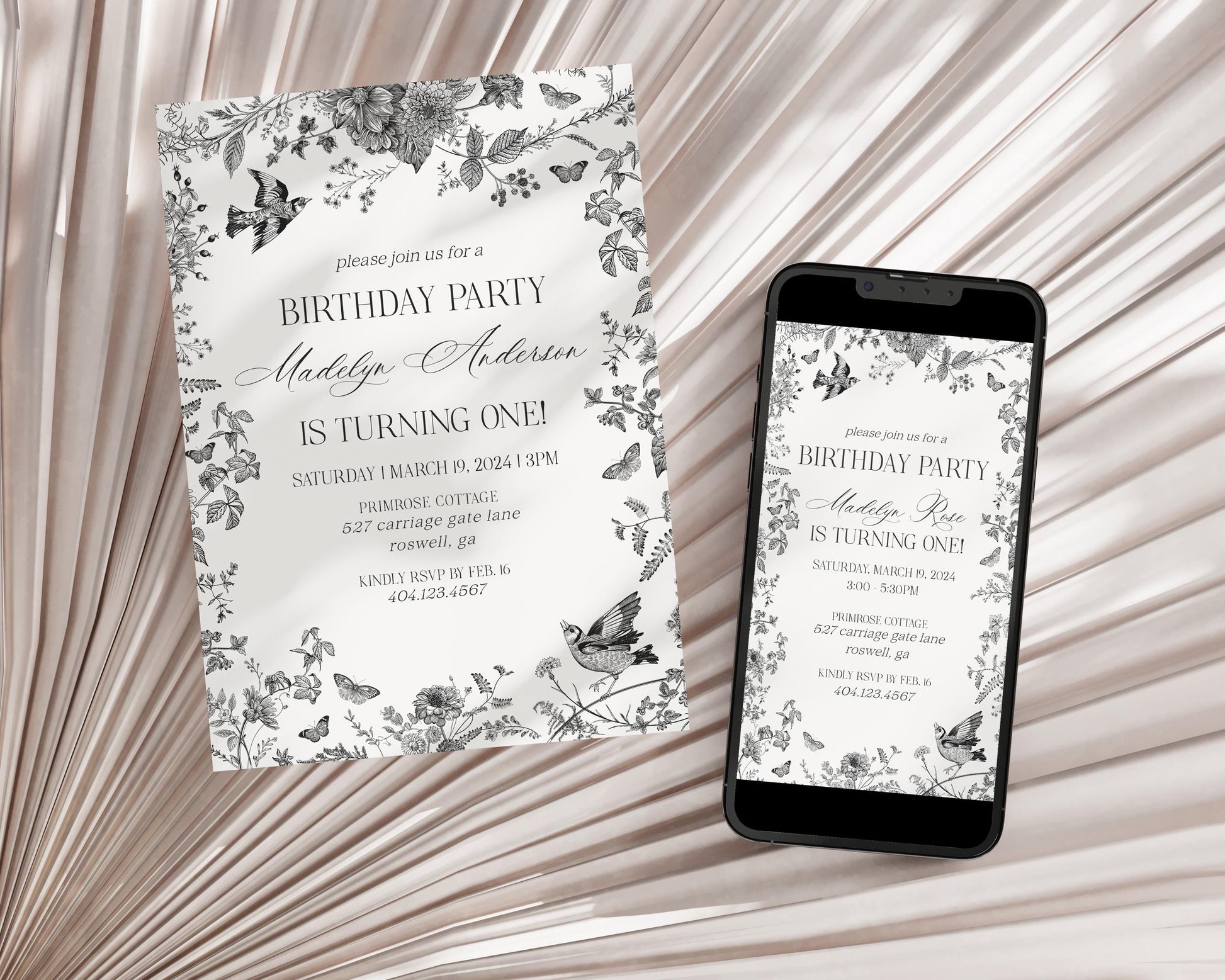 Black Toile De Jouy Birthday Bundle Printable Template, Black Chinoiserie Birthday Party Decor, Wildflower Toile with Butterflies WP1069