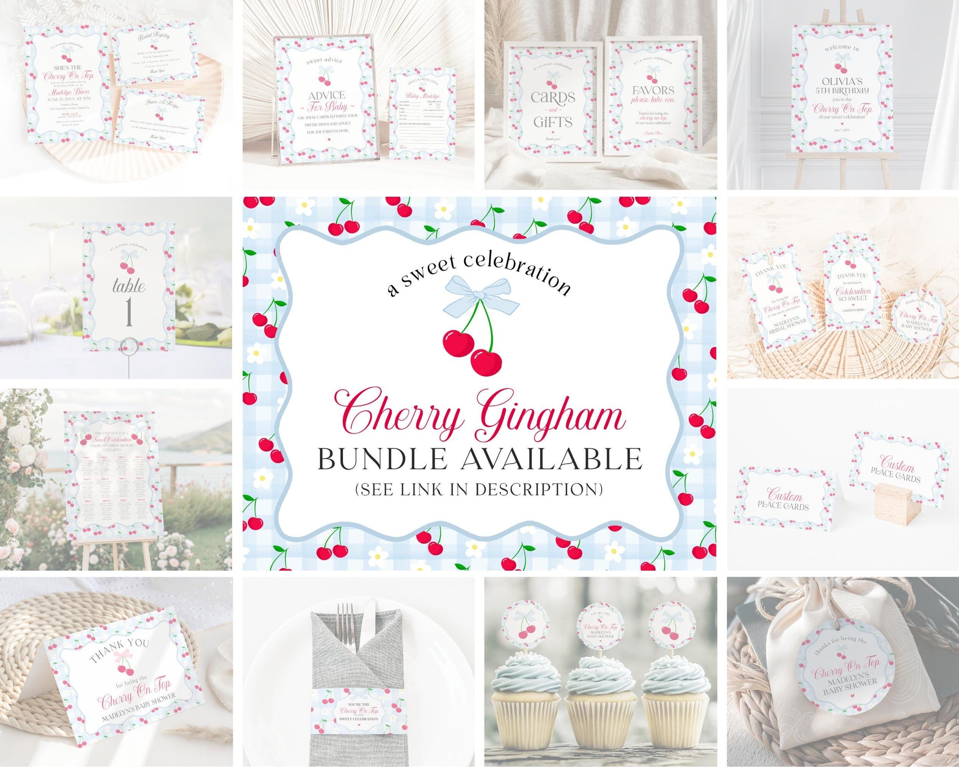 Blue Cherry Gingham Bridal Shower Games Set Template, Coquette Cherry Sweet Bridal Brunch, Pastel Engagement Party Decor WP1072