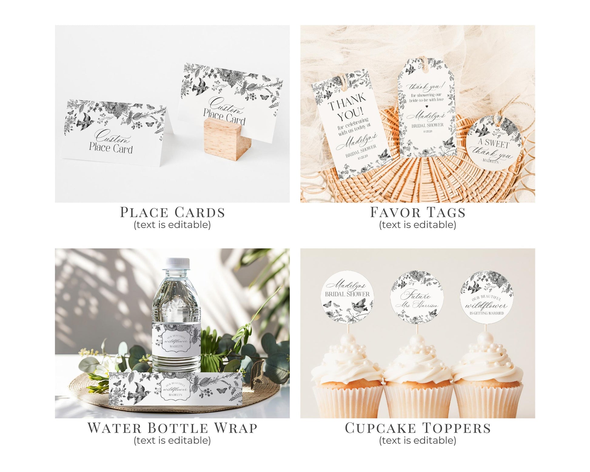 Black Toile De Jouy Bridal Shower Printable Bundle, Black Chinoiserie French Theme Wedding Party, Black Wildflower Bridal Brunch WP1069