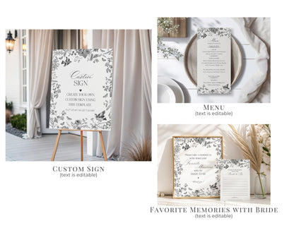 Black Toile De Jouy Bridal Shower Printable Bundle, Black Chinoiserie French Theme Wedding Party, Black Wildflower Bridal Brunch WP1069