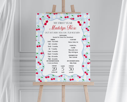 Blue Cherry Gingham First Year Milestone Sign Printable Template, Coquette Sweet Cherry First Birthday Party, Pastel Party Decor WP1072