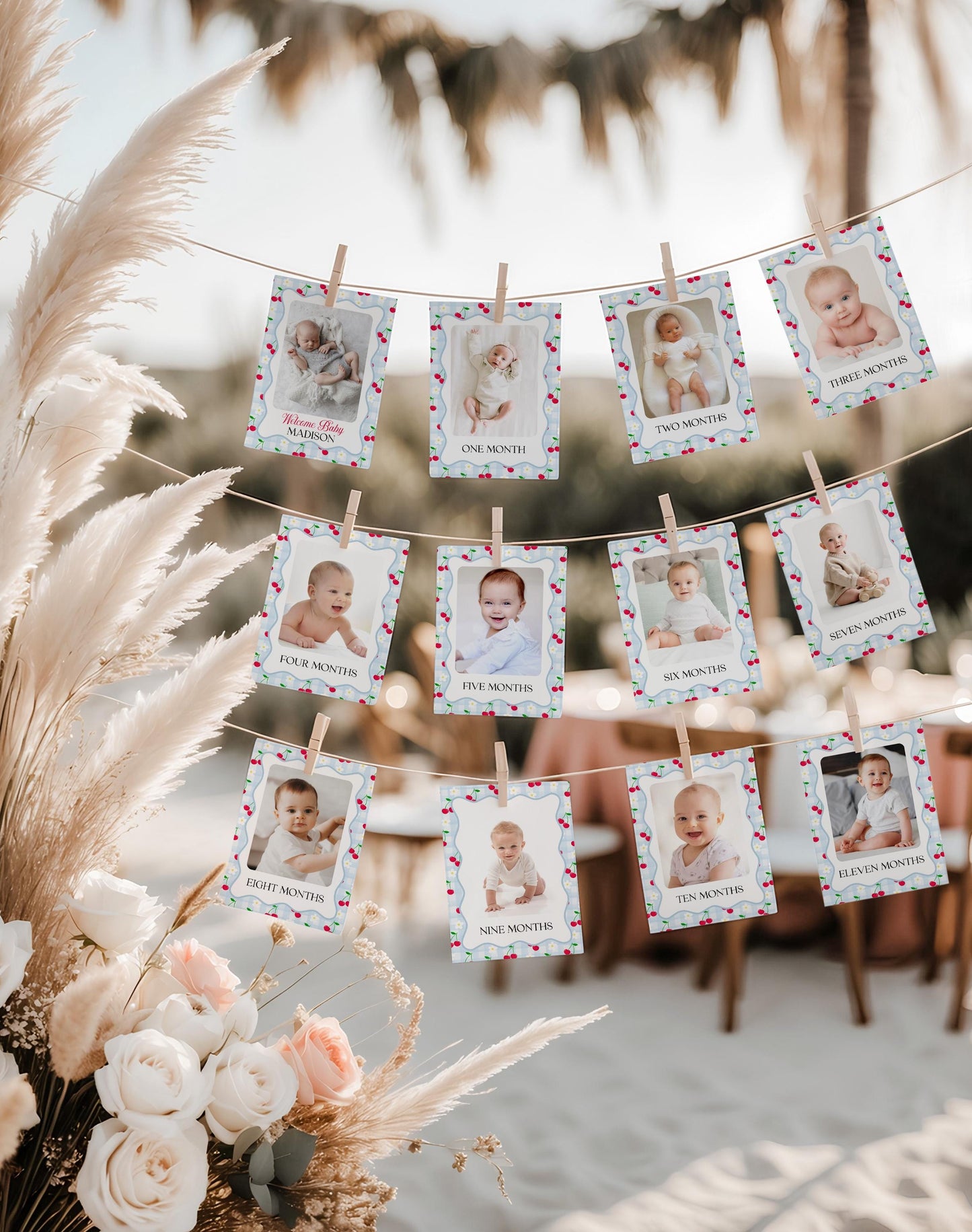 Blue Cherry Gingham 1st Birthday Milestone Banner Template, Coquette Sweet Cherry First Celebration, Pastel Gingham Party Decor WP1072