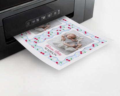 Blue Cherry Gingham 1st Birthday Milestone Banner Template, Coquette Sweet Cherry First Celebration, Pastel Gingham Party Decor WP1072