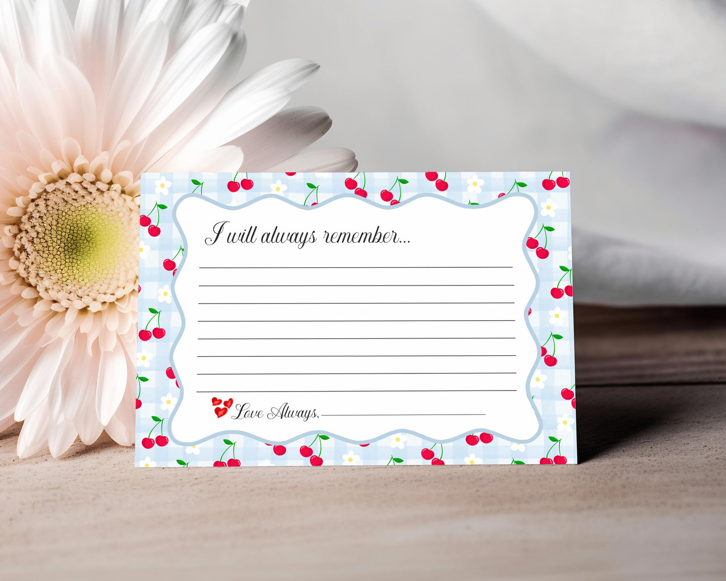Blue Cherry Gingham Favorite Memories Birthday Girl Template, Coquette Cherry Sweet Birthday Party Game, Pastel Gingham Party Decor WP1072
