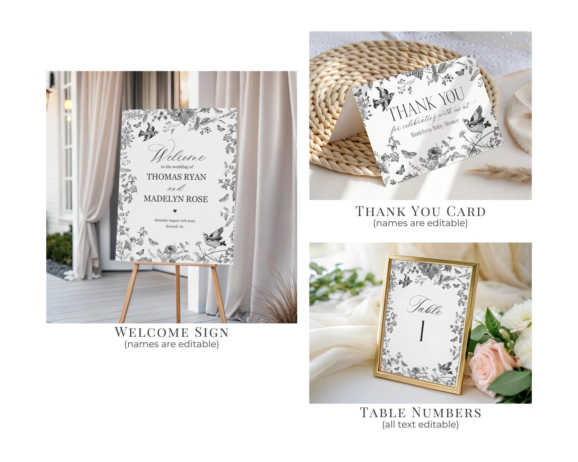 Black Toile de Jouy Wedding Decor Template Bundle, Black Chinoiserie French Theme Wedding Decorations, Black Wildflower Bridal Shower WP1069