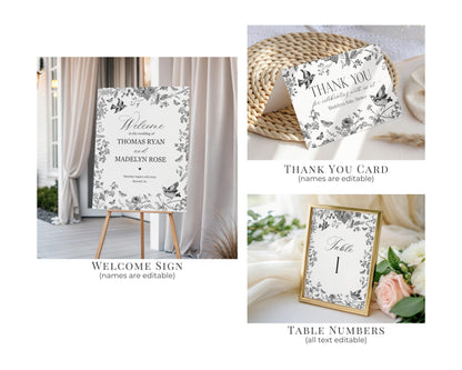 Black Toile de Jouy Wedding Decor Template Bundle, Black Chinoiserie French Theme Wedding Decorations, Black Wildflower Bridal Shower WP1069