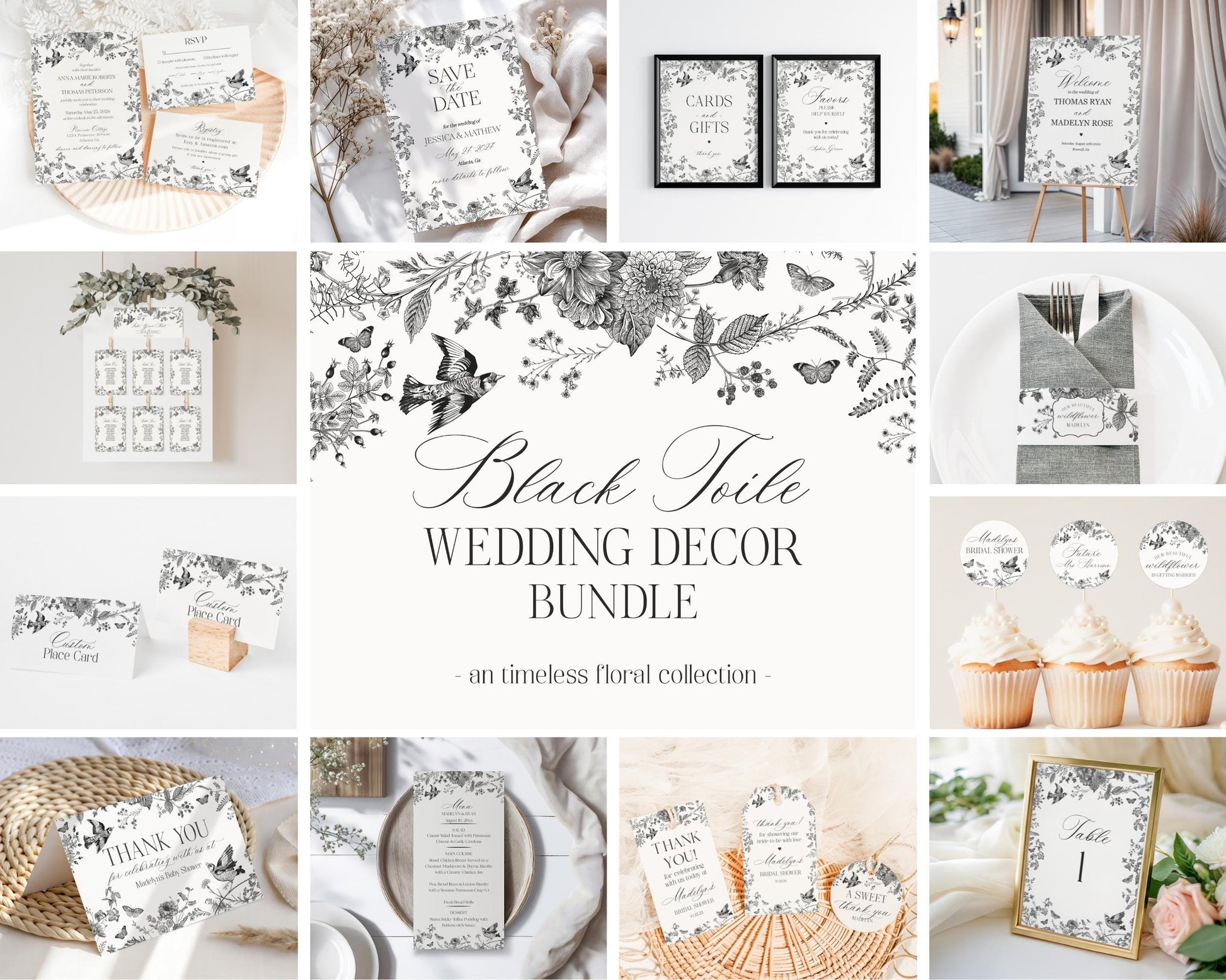 Black Toile de Jouy Wedding Decor Template Bundle, Black Chinoiserie French Theme Wedding Decorations, Black Wildflower Bridal Shower WP1069
