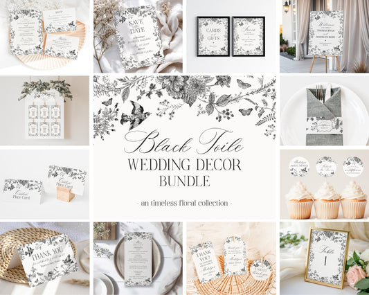 Black Toile de Jouy Wedding Decor Template Bundle, Black Chinoiserie French Theme Wedding Decorations, Black Wildflower Bridal Shower WP1069