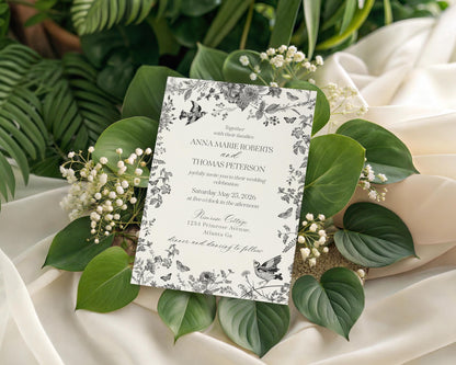 Black Toile de Jouy Wedding Decor Template Bundle, Black Chinoiserie French Theme Wedding Decorations, Black Wildflower Bridal Shower WP1069