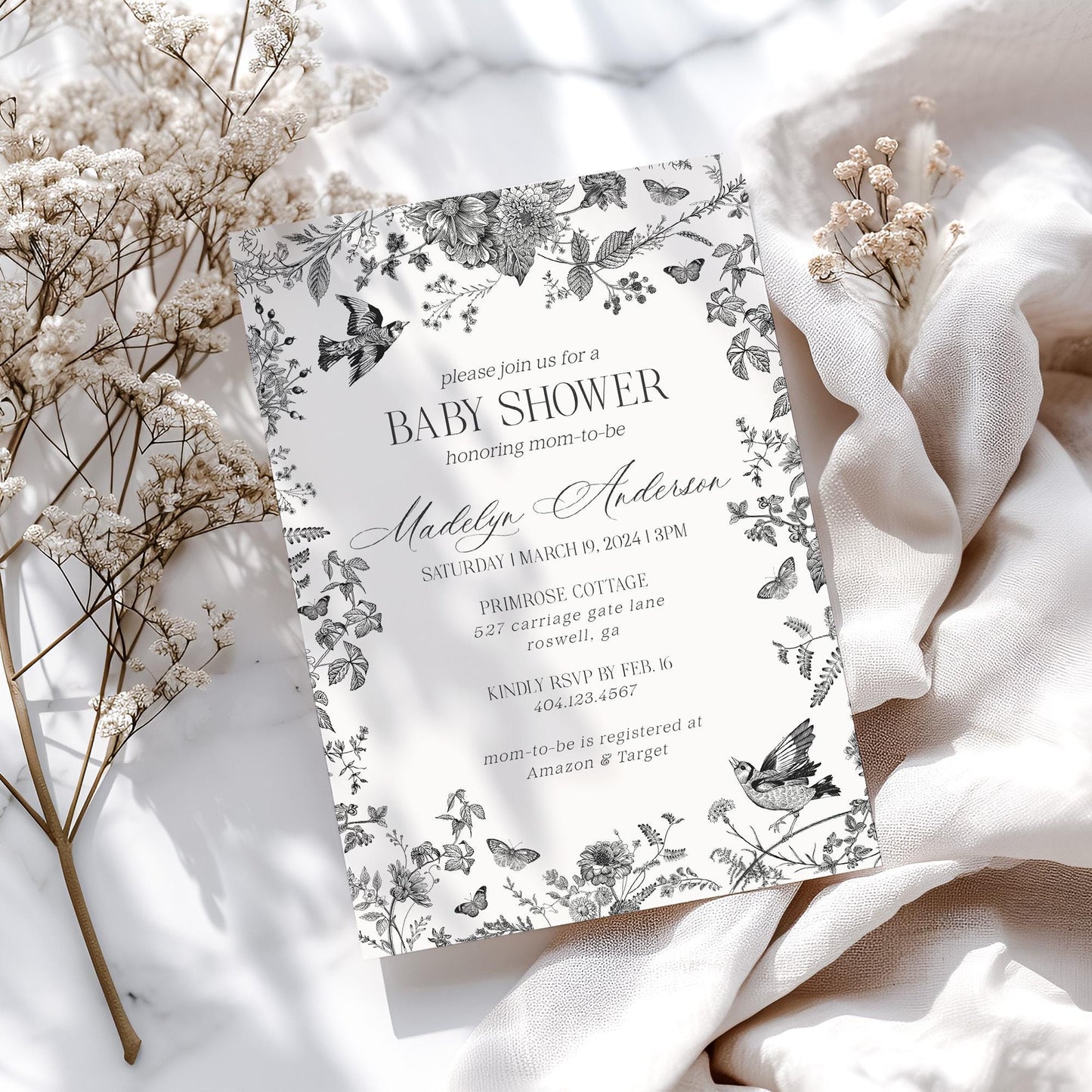 Black Toile De Jouy Baby Shower Invitation Template, Baby in Bloom Wildflower Baby Brunch, Black Chinoiserie Nesting Party Invite WP1069