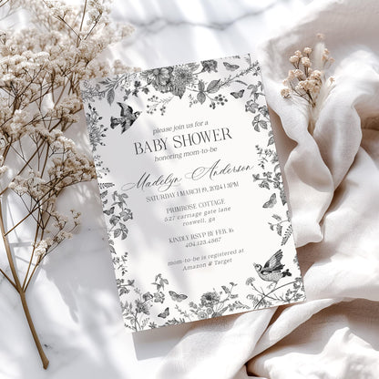 Black Toile De Jouy Baby Shower Invitation Template, Baby in Bloom Wildflower Baby Brunch, Black Chinoiserie Nesting Party Invite WP1069