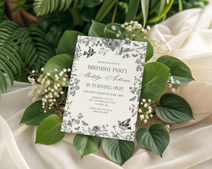 Black Toile de Jouy Birthday Invitation Printable Template, Black Chinoiserie Birthday Party Decor, Wildflower Toile Pattern Invite WP1069