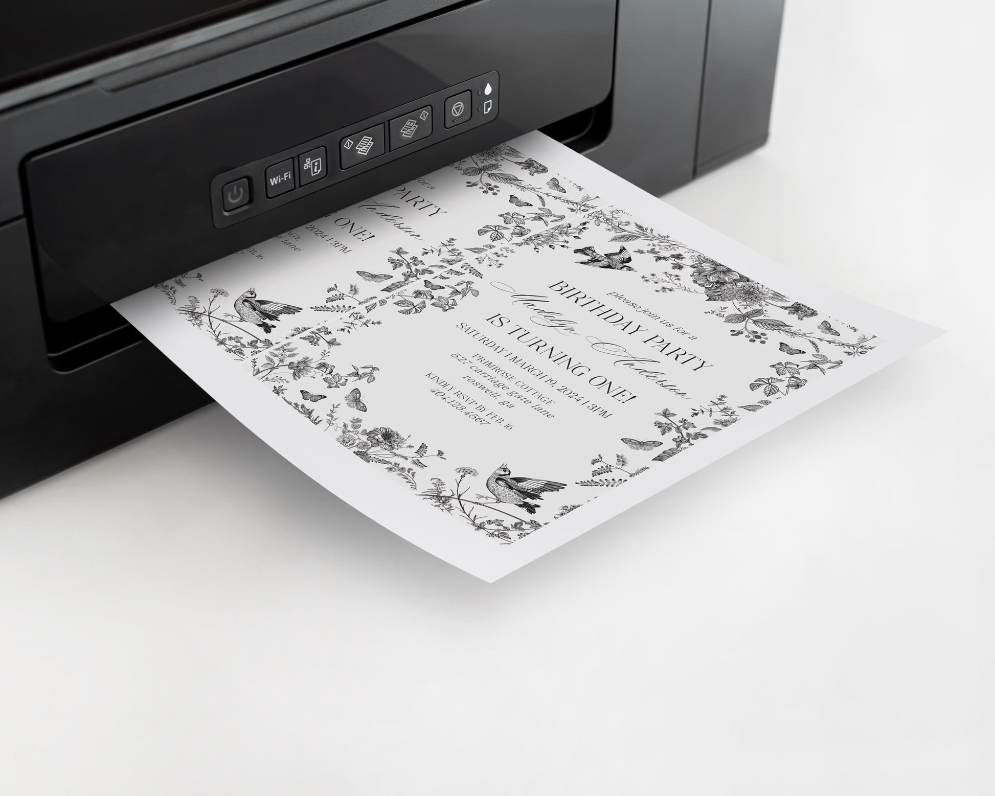 Black Toile de Jouy Birthday Invitation Printable Template, Black Chinoiserie Birthday Party Decor, Wildflower Toile Pattern Invite WP1069