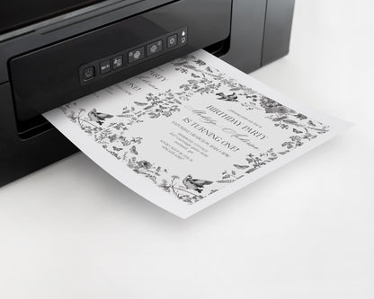 Black Toile de Jouy Birthday Invitation Printable Template, Black Chinoiserie Birthday Party Decor, Wildflower Toile Pattern Invite WP1069