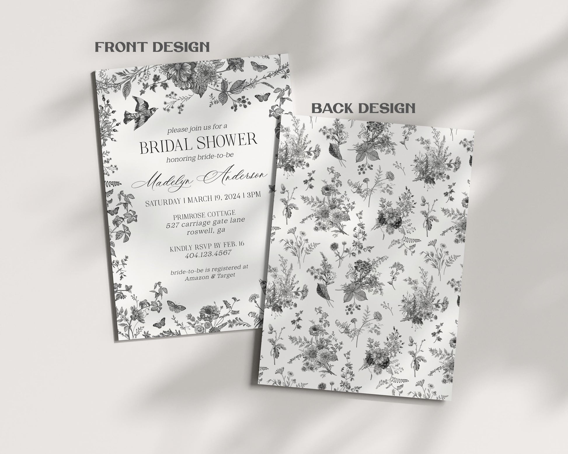 Black Toile De Jouy Bridal Shower Invitation Bundle Printable Template, Black Chinoiserie Wedding Party, Wildflower Bridal Brunch WP1069
