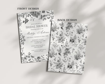 Black Toile De Jouy Bridal Shower Invitation Bundle Printable Template, Black Chinoiserie Wedding Party, Wildflower Bridal Brunch WP1069