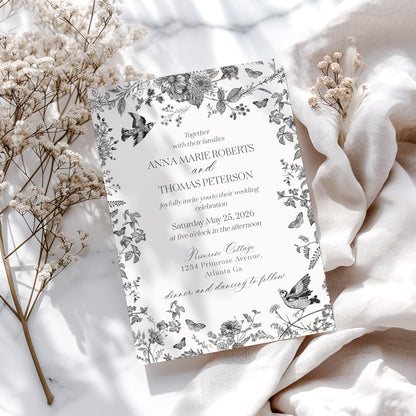 Black Toile de Jouy Wedding Invite Printable Template, Black Chinoiserie French Theme Wedding Decor, Black Wildflower Couples Shower WP1069