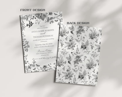 Black Toile de Jouy Wedding Invite Printable Template, Black Chinoiserie French Theme Wedding Decor, Black Wildflower Couples Shower WP1069