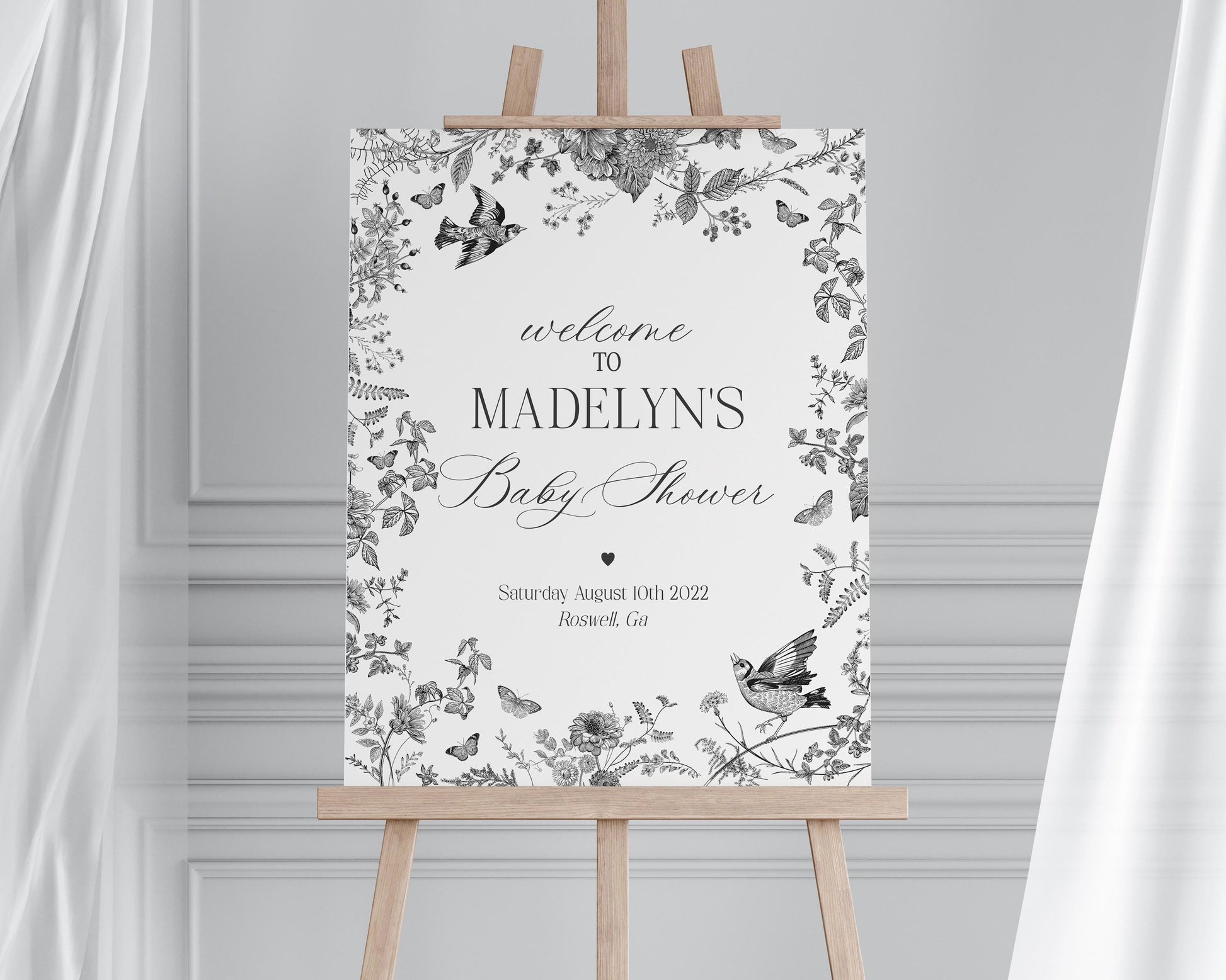 Black Toile De Jouy Baby Shower Welcome Sign Template, Baby in Bloom Wildflower Baby Brunch, Black Chinoiserie Nesting Party WP1069