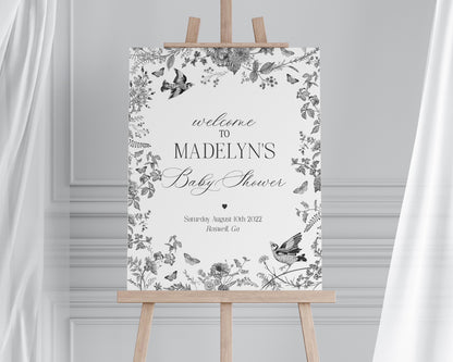 Black Toile De Jouy Baby Shower Welcome Sign Template, Baby in Bloom Wildflower Baby Brunch, Black Chinoiserie Nesting Party WP1069