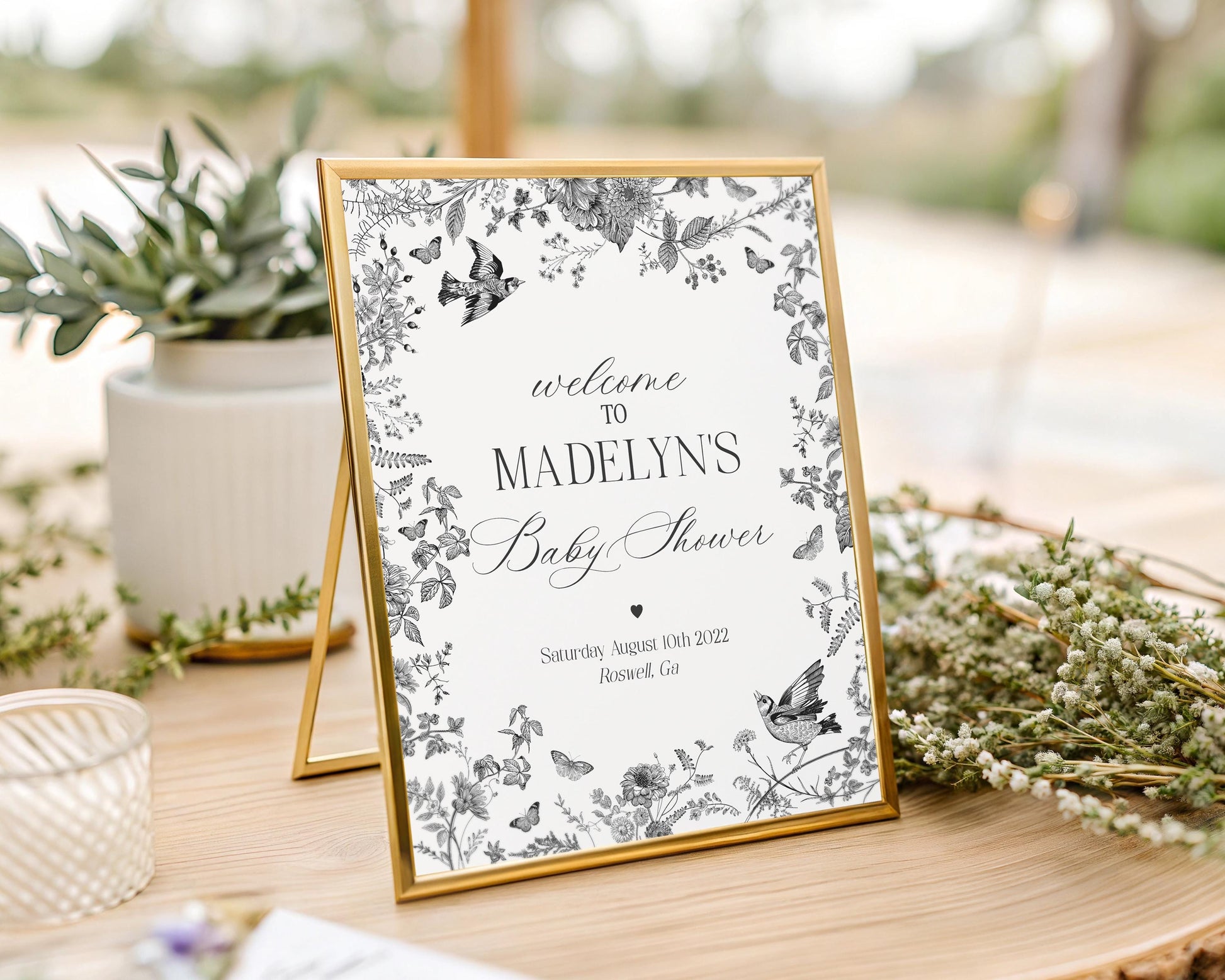 Black Toile De Jouy Baby Shower Welcome Sign Template, Baby in Bloom Wildflower Baby Brunch, Black Chinoiserie Nesting Party WP1069