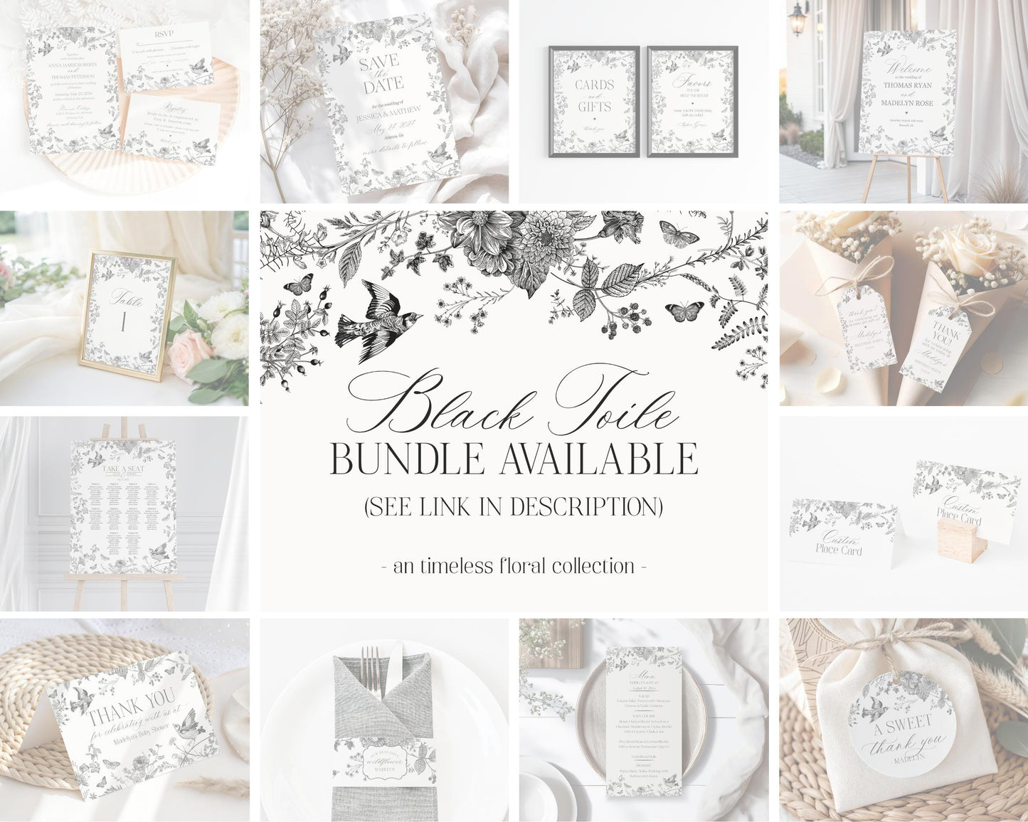 Black Toile De Jouy Baby Shower Welcome Sign Template, Baby in Bloom Wildflower Baby Brunch, Black Chinoiserie Nesting Party WP1069