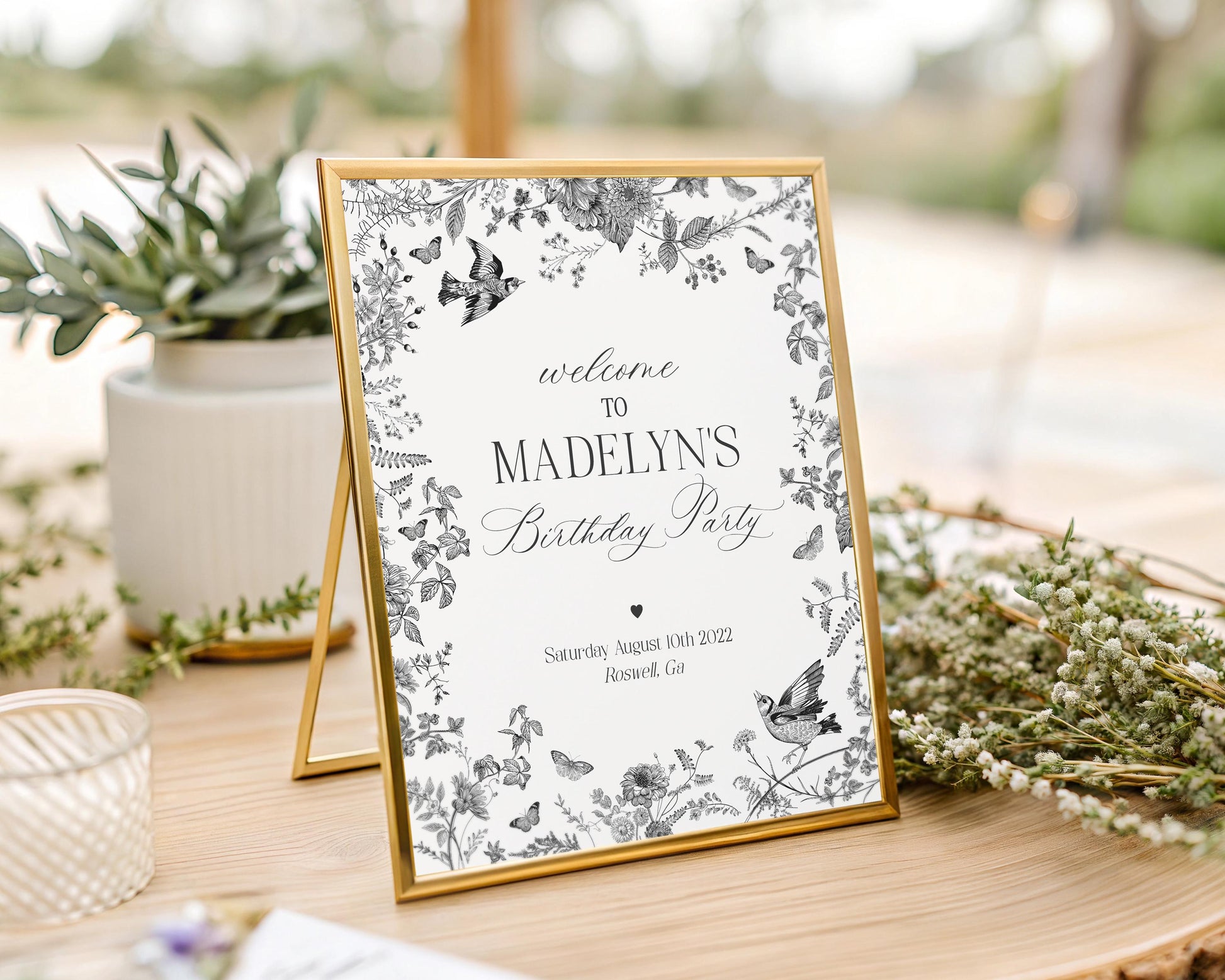 Black Toile De Jouy Birthday Welcome Sign Printable Template, Black Chinoiserie Birthday Party Decor, Wildflower Toile Decorations WP1069