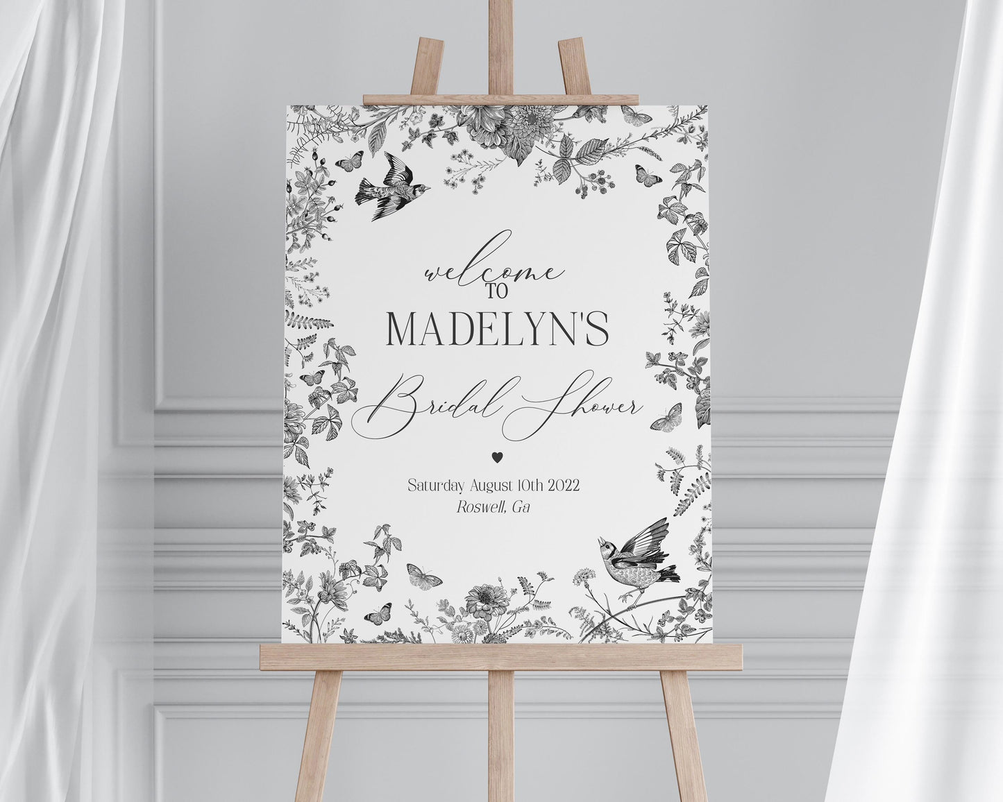 Black Toile De Jouy Bridal Shower Welcome Sign Printable Template, Black Chinoiserie French Wedding Party, Wildflower Bridal Brunch WP1069